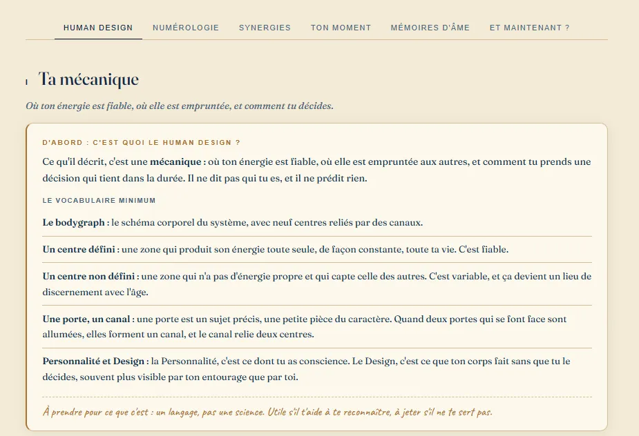 Extrait du guide RACINES : les encadrés explicatifs de la partie Human Design.