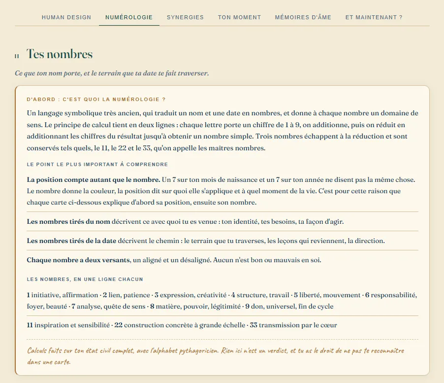 Extrait du guide RACINES : les encadrés explicatifs de la partie Numérologie.