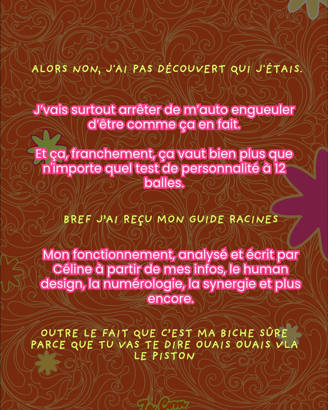 Alors non, j'ai pas découvert qui j'étais. J'vais surtout arrêter de m'auto engueuler d'être comme ça en fait. Et ça, franchement, ça vaut bien plus que n'importe quel test de personnalité à 12 balles. Bref j'ai reçu mon guide Racines. Mon fonctionnement, analysé et écrit par Céline à partir de mes infos, le human design, la numérologie, la synergie et plus encore. Outre le fait que c'est ma biche sûre parce que tu vas te dire ouais ouais vla le piston.